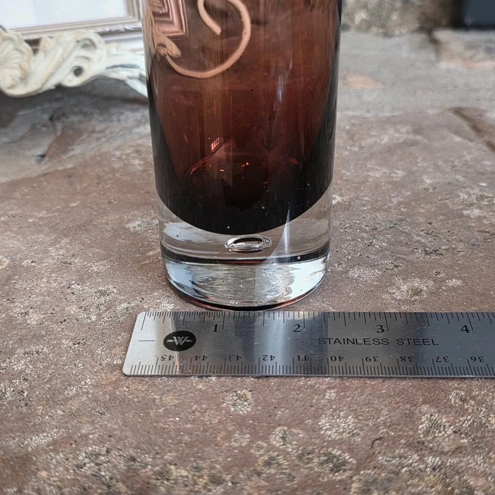 Vintage Hand Blown Amethyst Glass Bud Vase Slant Rim bubble base MCM 8.5 Inch